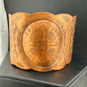 Vintage Solid Copper Cuff Bracelet Thunderbird Stamped Scalloped 7in READ‎